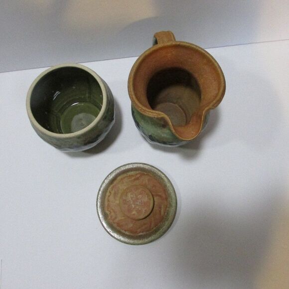 vtg green glazed pottery sugar bowl and creamer set nature tones boho table set - Picture 7 of 8